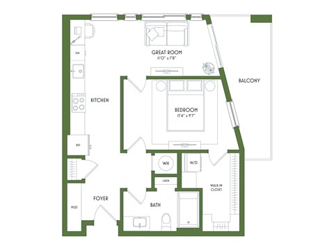 A floor plan of a house with a Great Room, Balcony, Kitchen, Bedroom, Bath, and Foyers.